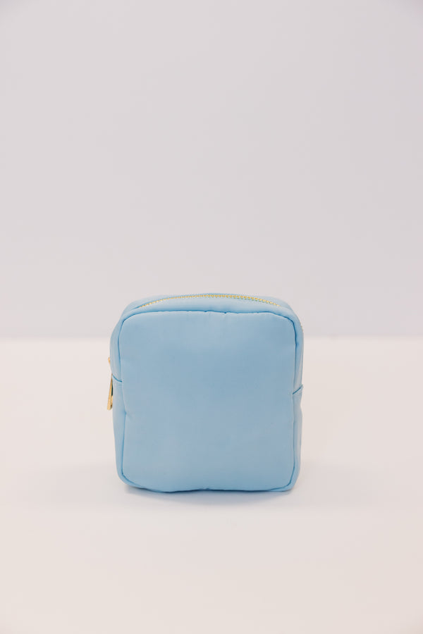 Let's Get Going Light Blue Varsity Cosmetic Bag, Small