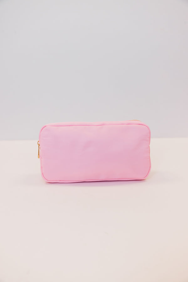Let's Get Going Baby Pink Varsity Cosmetic Bag, Medium