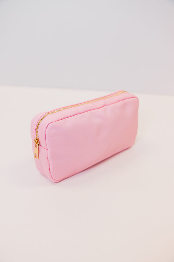 Let's Get Going Baby Pink Varsity Cosmetic Bag, Medium