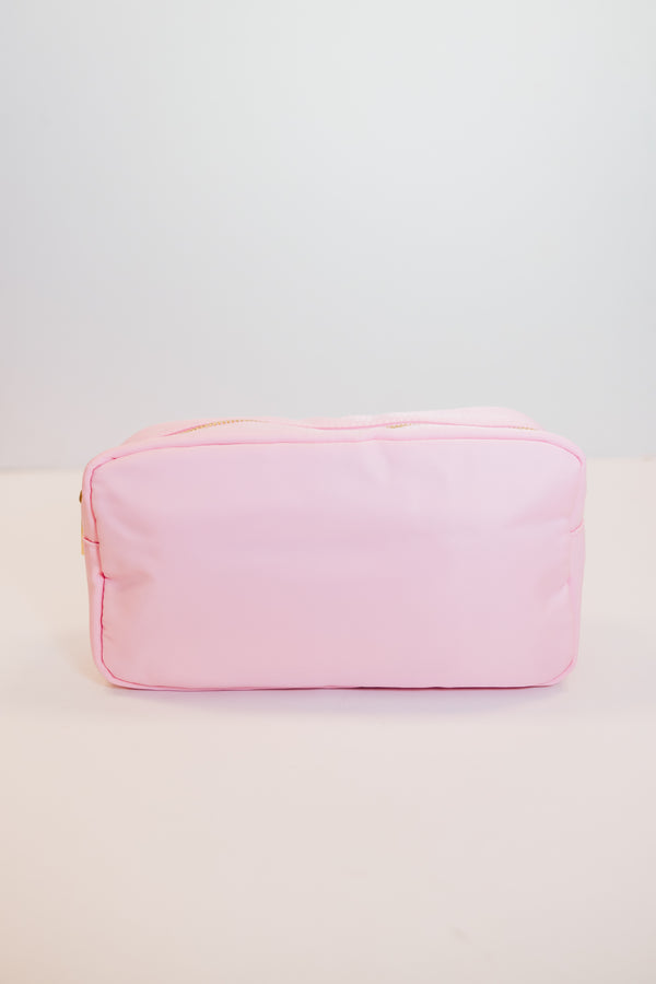 Let's Get Going Baby Pink Varsity Cosmetic Bag, Large