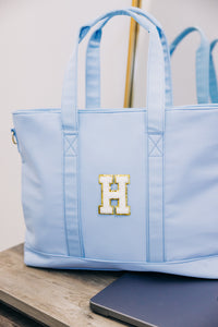 All You Need Light Blue Varsity Tote
