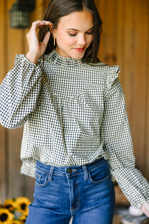 Find You Well Navy Blue Gingham Blouse