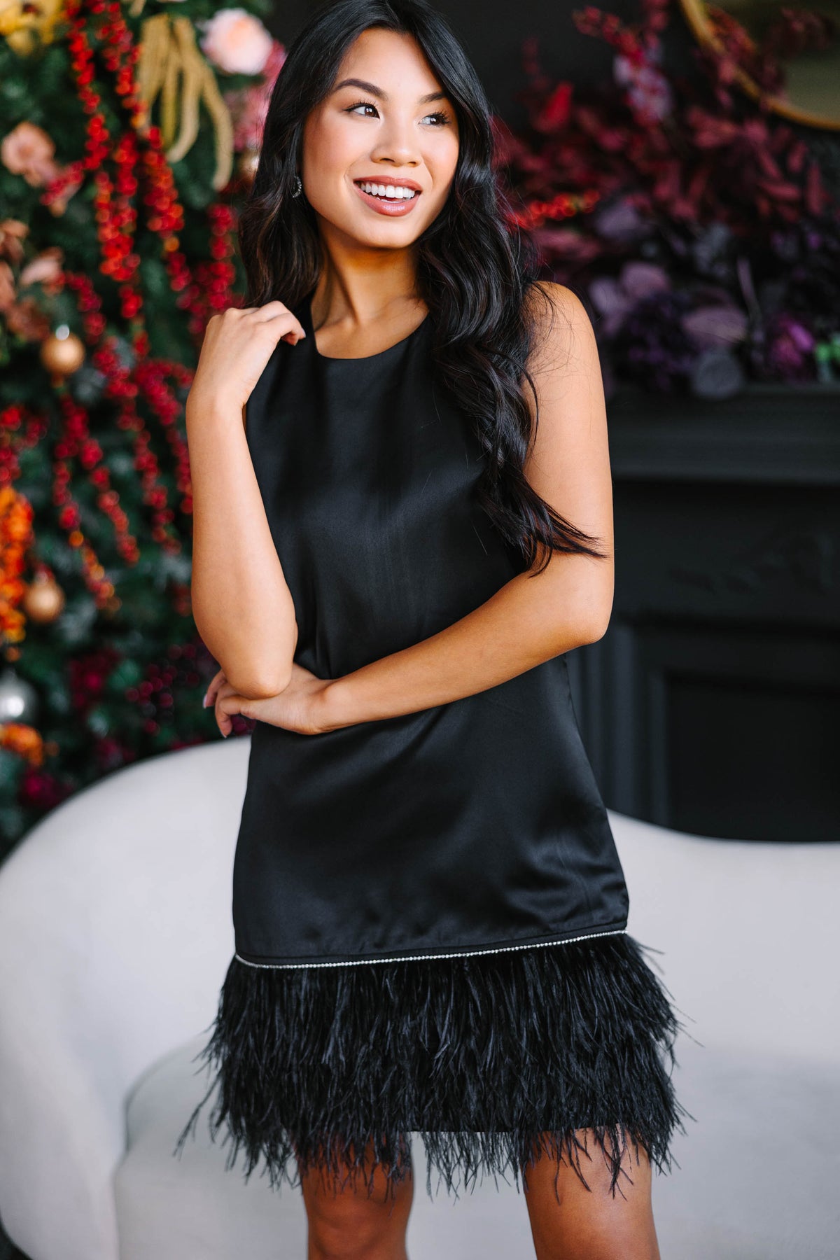 All The Drama I Need Black Feather Shift Dress, Small - The Mint Julep Boutique