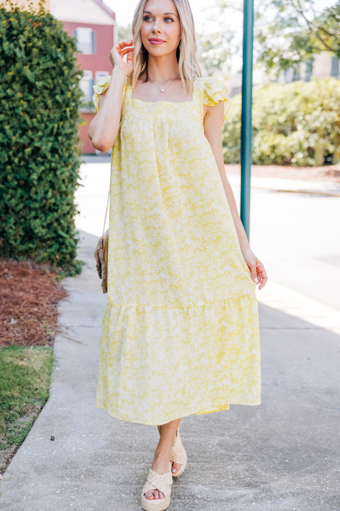 Easy To See Kiwi Yellow Floral Midi Dress – Shop the Mint