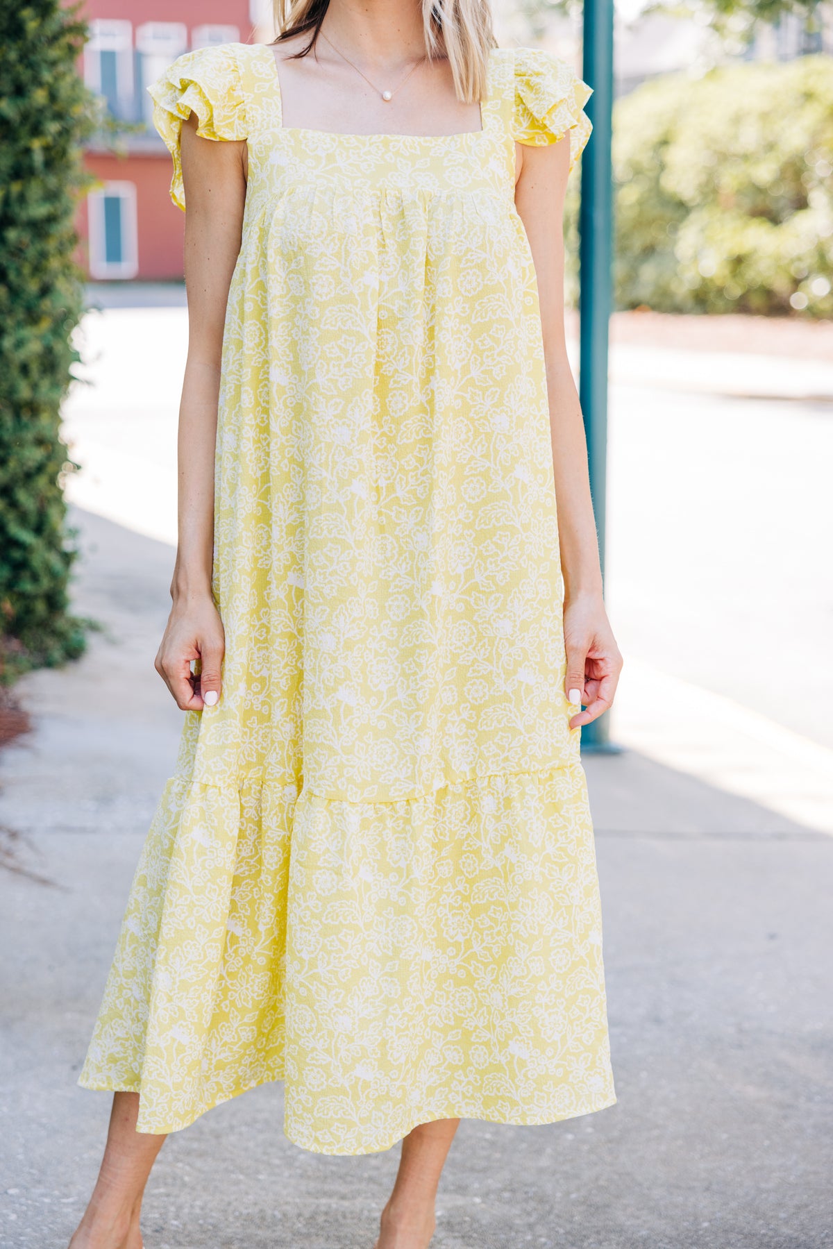 Easy To See Kiwi Yellow Floral Midi Dress – Shop the Mint