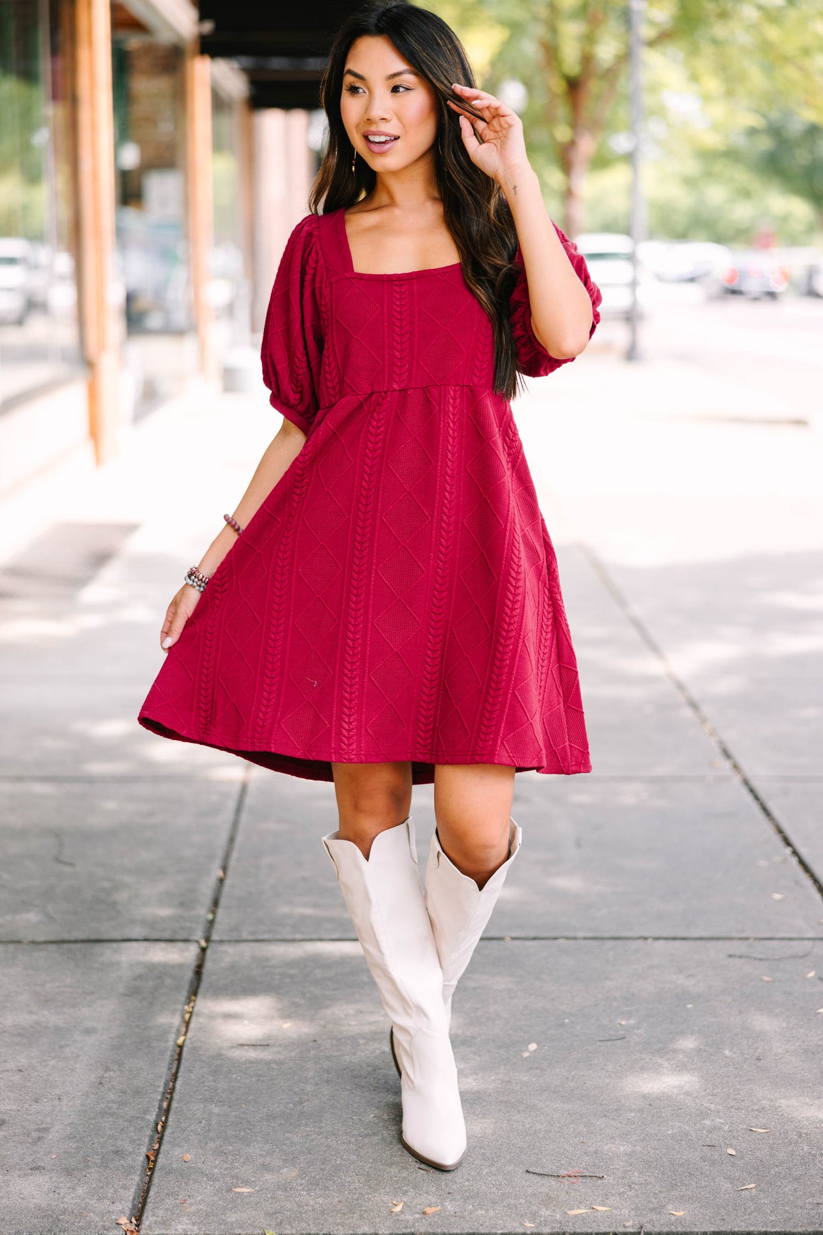 On Your Team Wine Red Cable Knit Babydoll Dress – Shop the Mint
