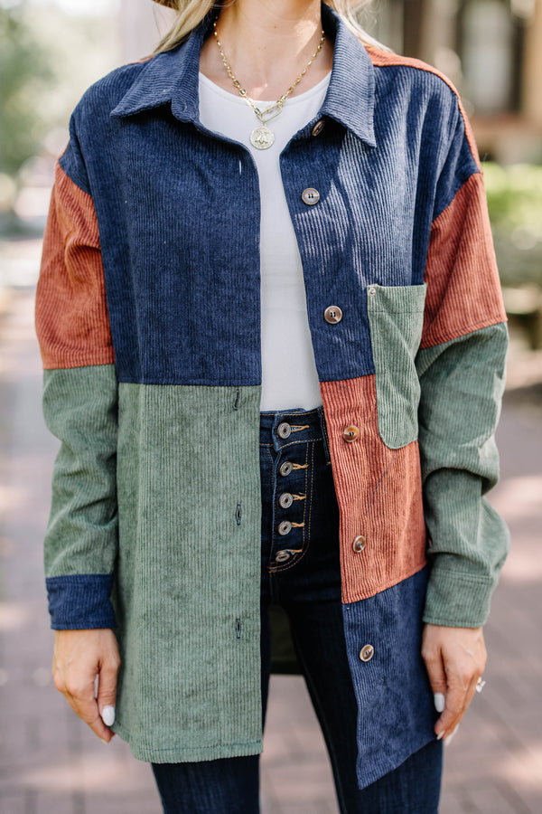 What's Ahead Navy Blue Colorblock Corduroy Shacket