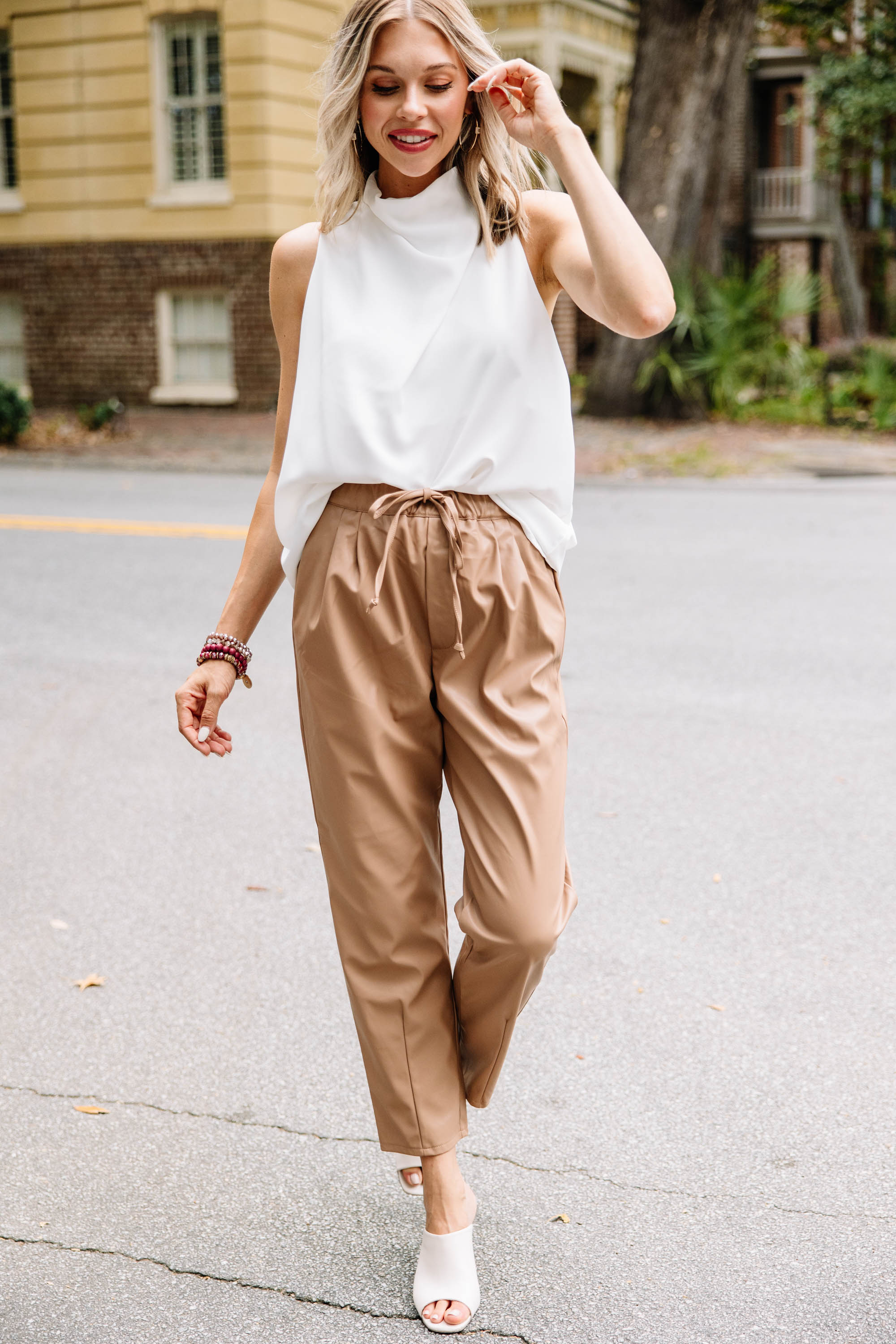 Lira Mercer Strikes a Pose in Fashion Brown Faux Leather Pants
