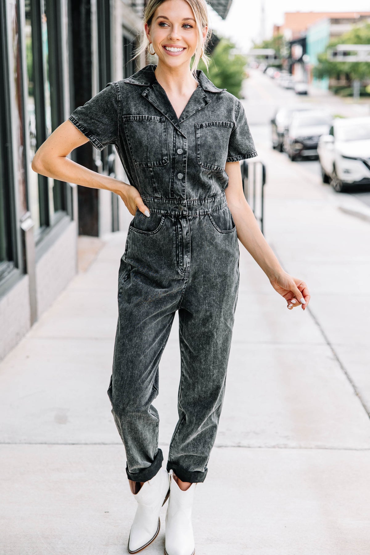 Show Me Around Black Denim Jumpsuit – Shop the Mint