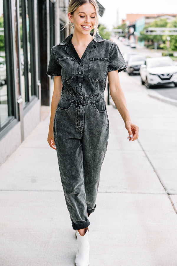 Show Me Around Black Denim Jumpsuit Shop the Mint Show Me Around Black Denim Jumpsuit Shop the Mint