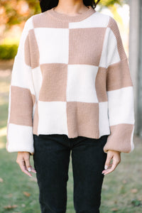 Can't Move On Tan Brown Checkered Sweater