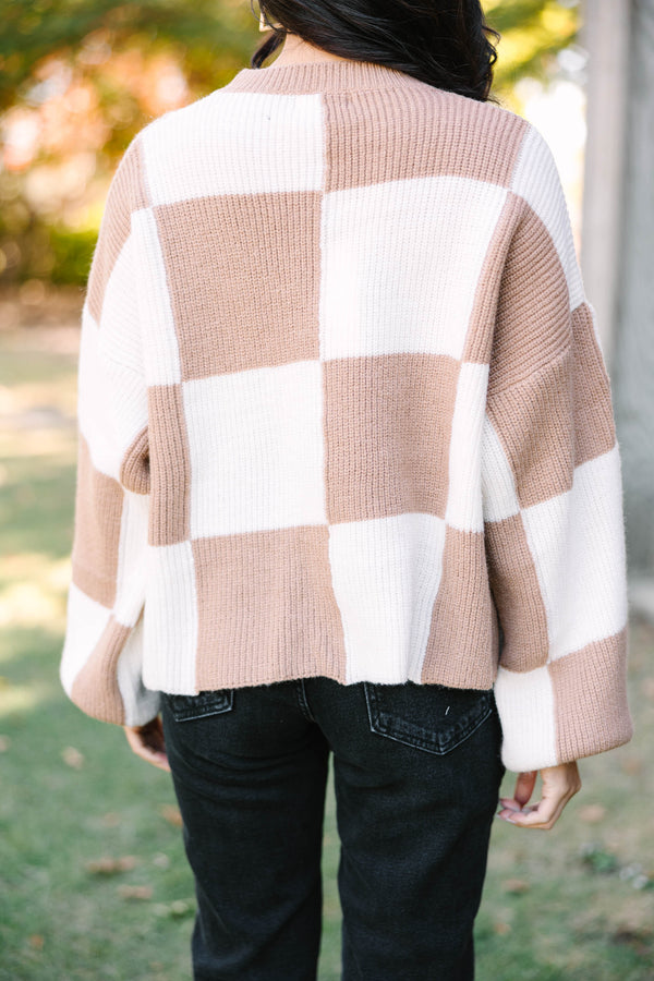 Can't Move On Tan Brown Checkered Sweater