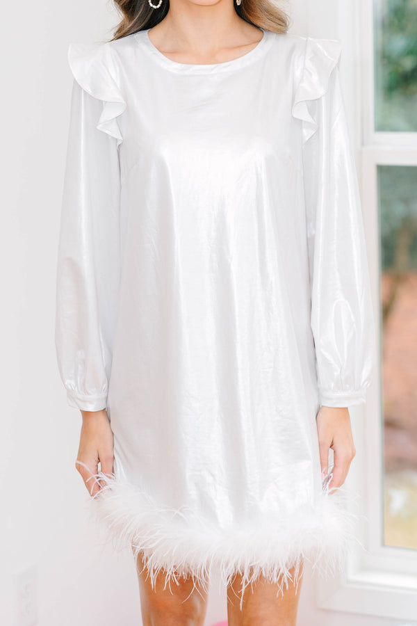 Dress Code Rising Star Rising Star White Metallic Feather Trim Dress – Shop the Mint