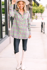 green plaid button down top