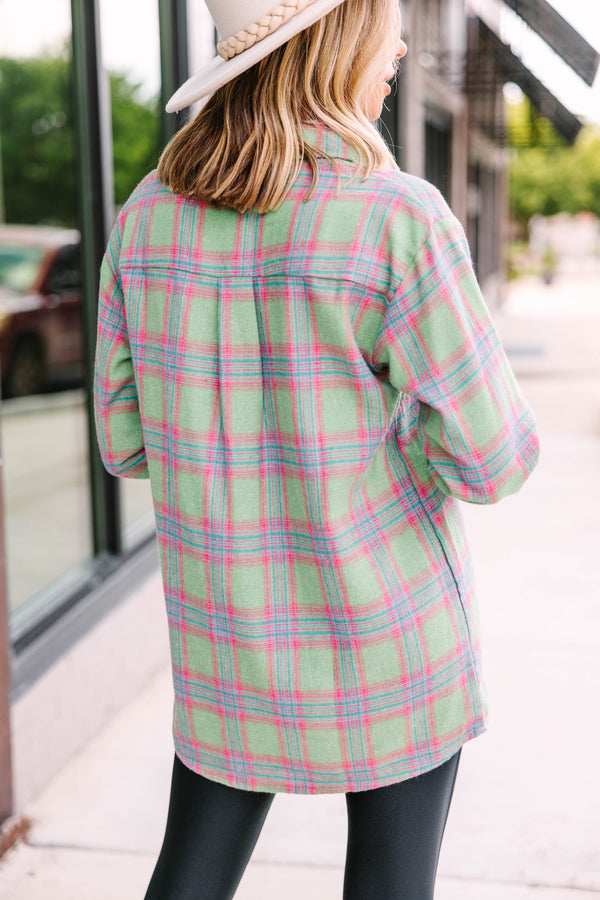 green plaid button down top