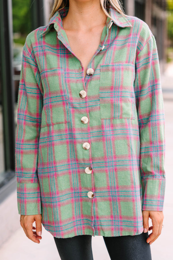 green plaid button down top