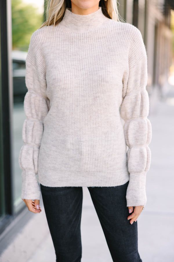 Take Notice Oatmeal Brown Bubble Sleeve Sweater