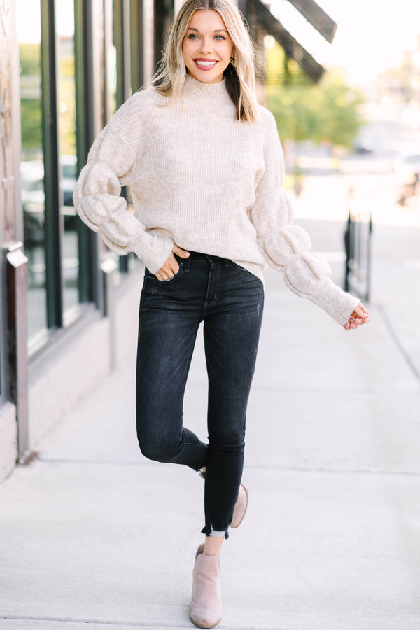 Take Notice Oatmeal Brown Bubble Sleeve Sweater