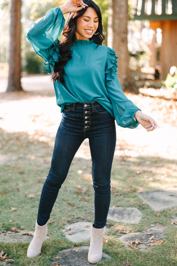 Just Can't Wait Teal Blue Ruffled Blouse