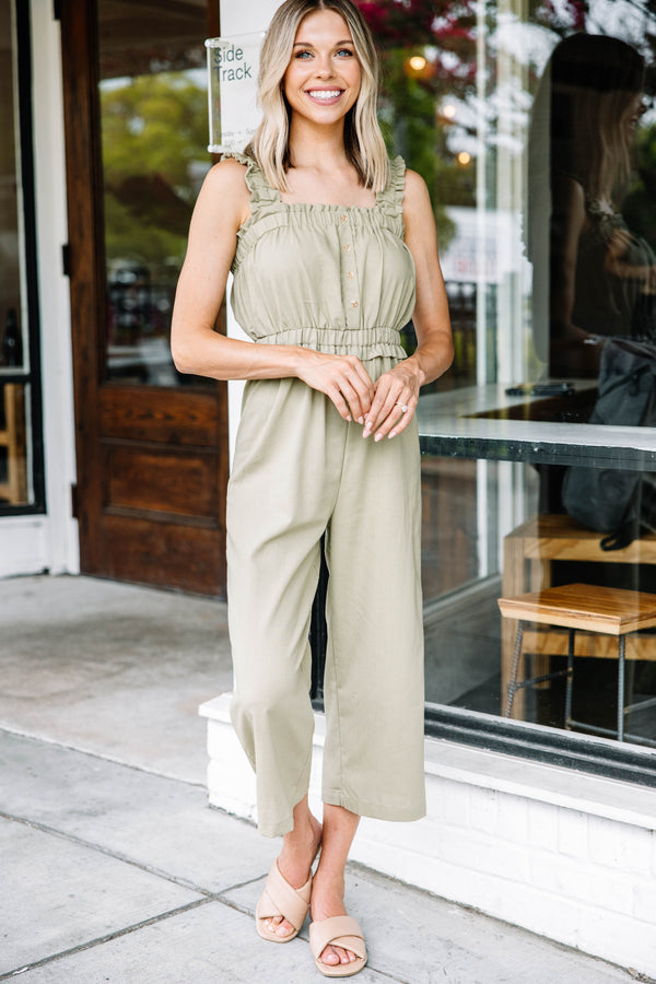 Can't Stop Now Light Olive Green Ruffled Jumpsuit
