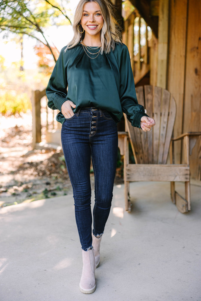On The Lookout Hunter Green Satin Blouse – Shop the Mint