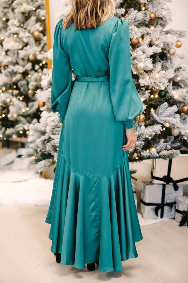 Dreaming of You Teal Blue Satin Maxi Dress