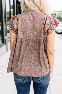 Here For The Journey Brown Embroidered Top