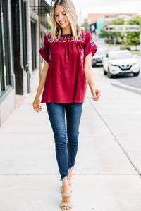 Another Trip Taken Burgundy Red Embroidered Top