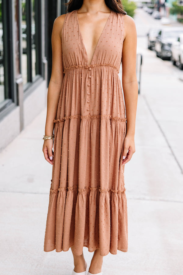 On The Way Out Camel Brown Swiss Dot Midi Dress
