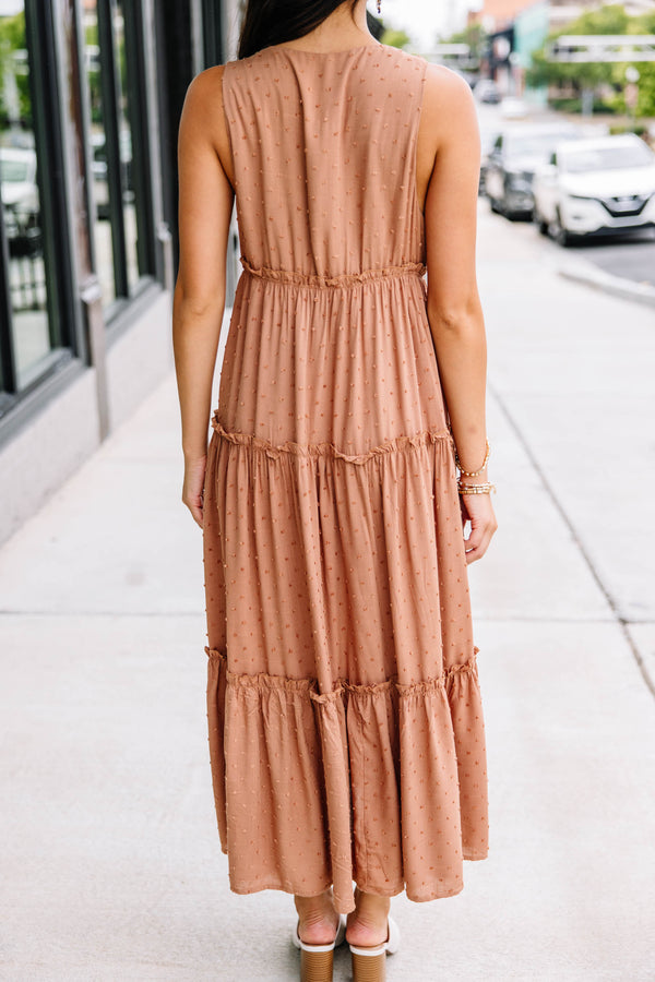 On The Way Out Camel Brown Swiss Dot Midi Dress