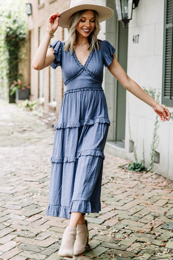 See For Yourself Navy Blue Ruffled Midi Dress