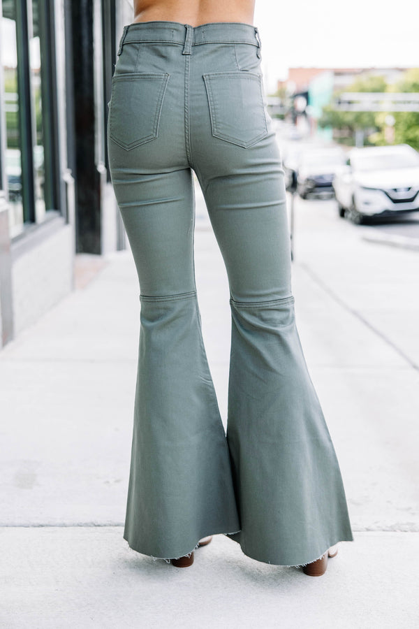 What You Want Light Olive Green Flare Jeans