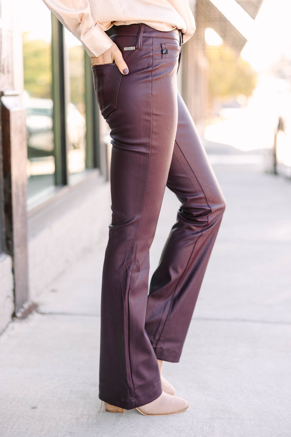 All About You Burgundy Red Faux Leather Flare Pants