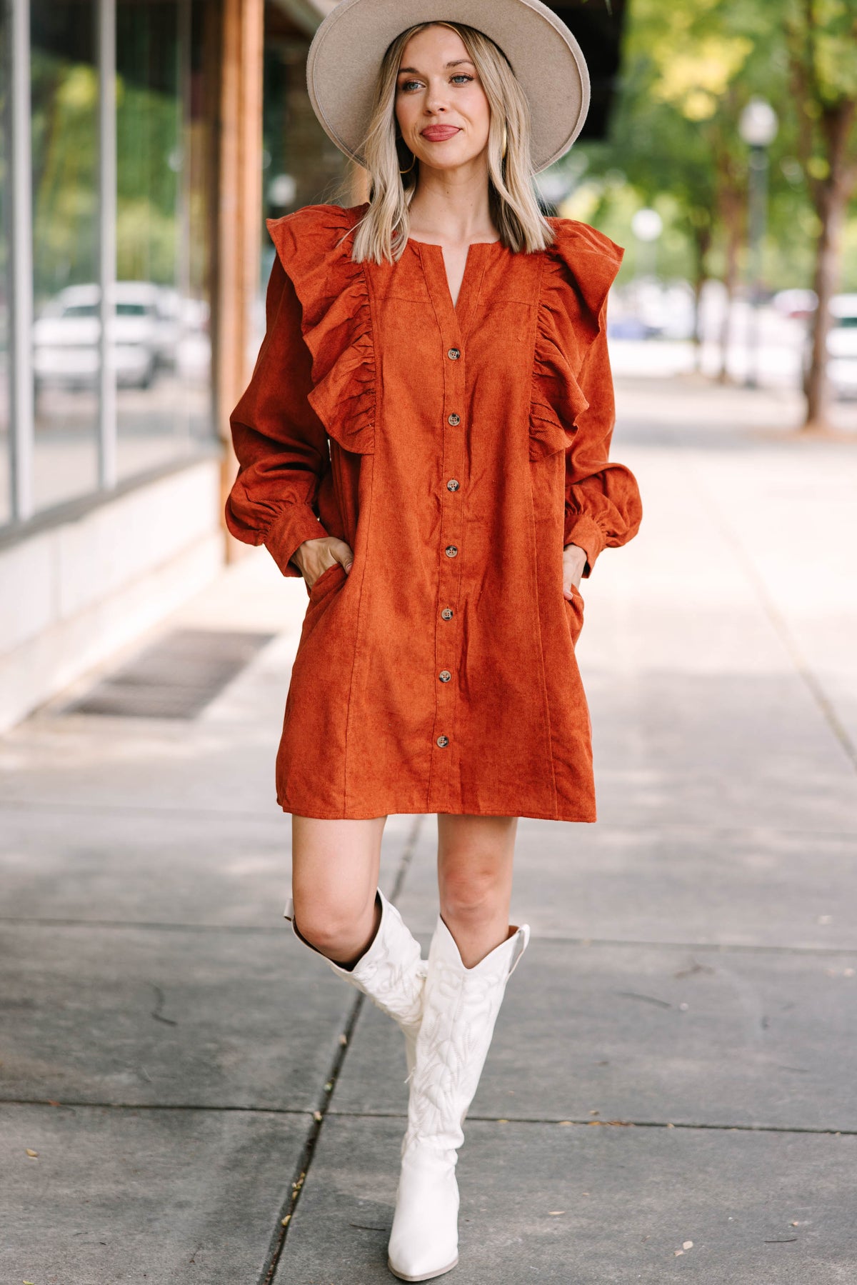 Never Too Late Cinnamon Orange Corduroy Dress Shop the Mint