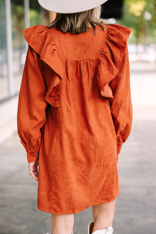 Never Too Late Cinnamon Orange Corduroy Dress