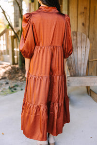 All The Love Camel Brown Satin Midi Dress