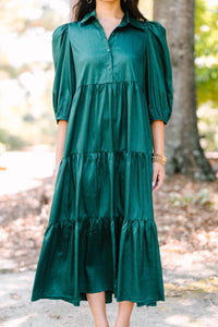 All The Love Hunter Green Satin Midi Dress