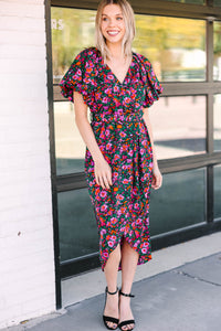 Take What's Yours Black Ditsy Floral Midi Dress