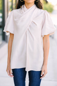 Tell Me More Natural Taupe Satin Blouse