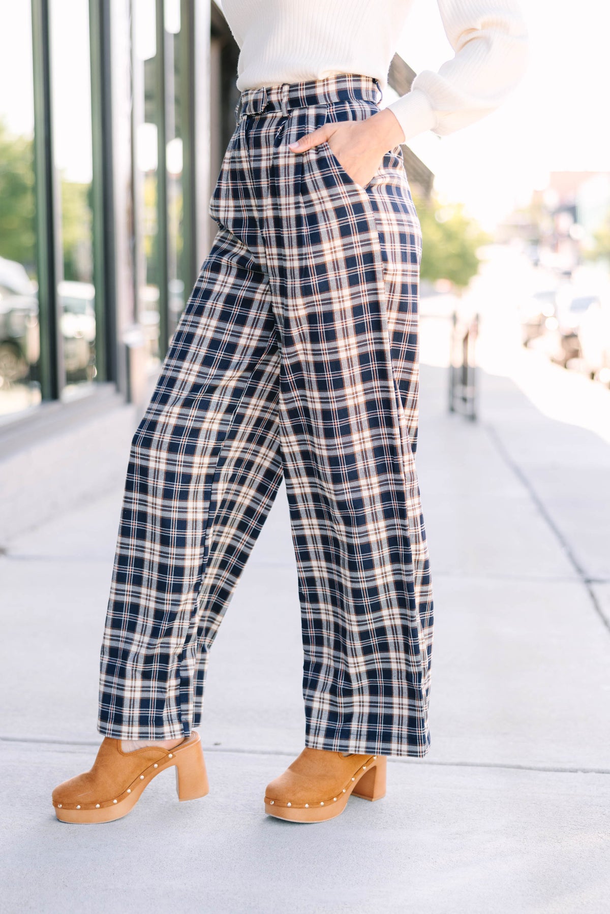 Be Direct Navy Blue Plaid Wide Leg Pants – Shop the Mint
