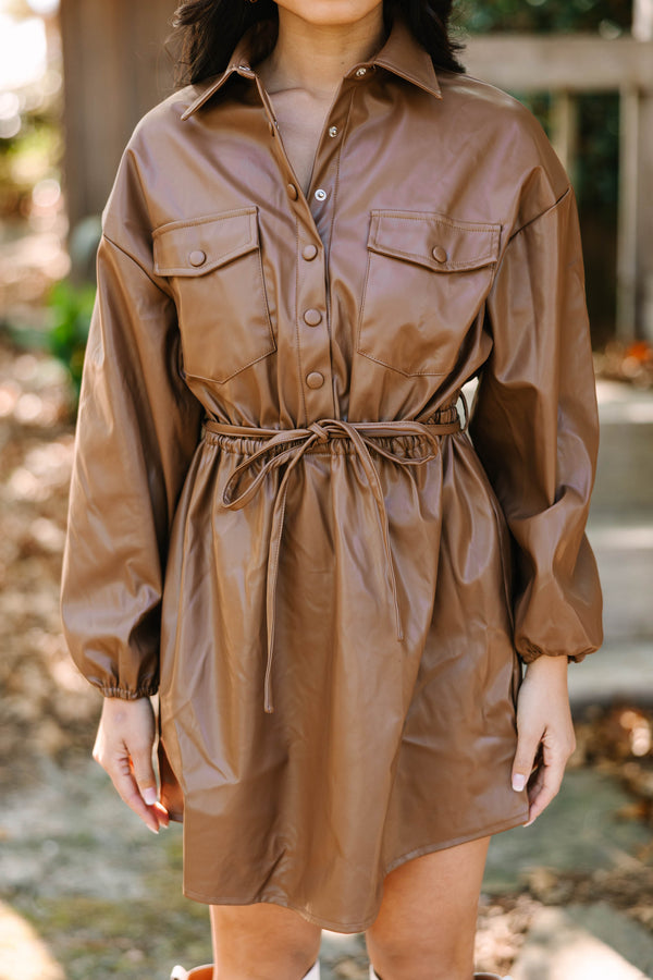 It's A Deal Camel Brown Faux Leather Dress