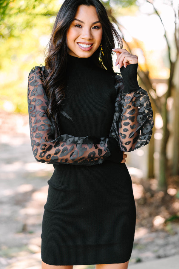 Where It All Begins Black Leopard Sleeve Sweater Dress