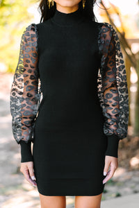 Where It All Begins Black Leopard Sleeve Sweater Dress