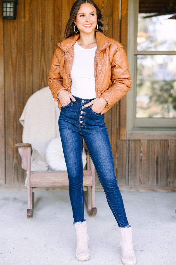 Meet You There Camel Brown Faux Leather Puffer Jacket