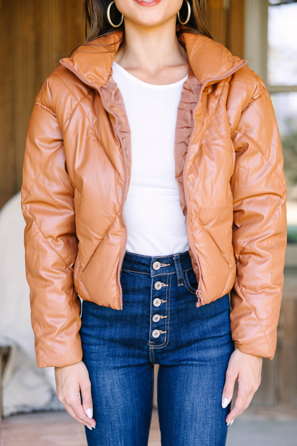 Meet You There Camel Brown Faux Leather Puffer Jacket
