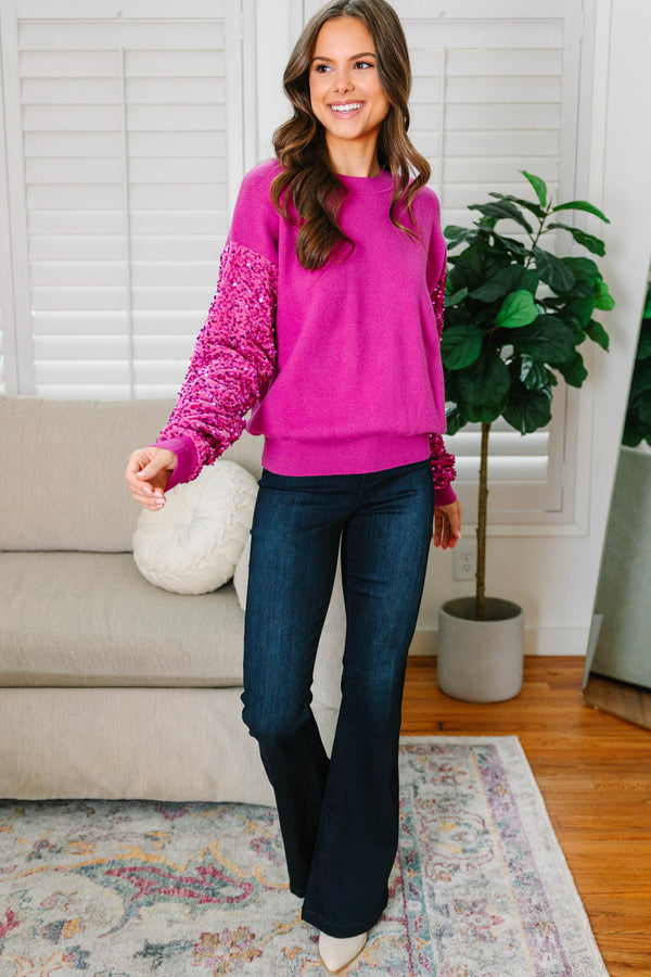 Cute Expectations Hot Pink Loose Knit Notched Sweater Top