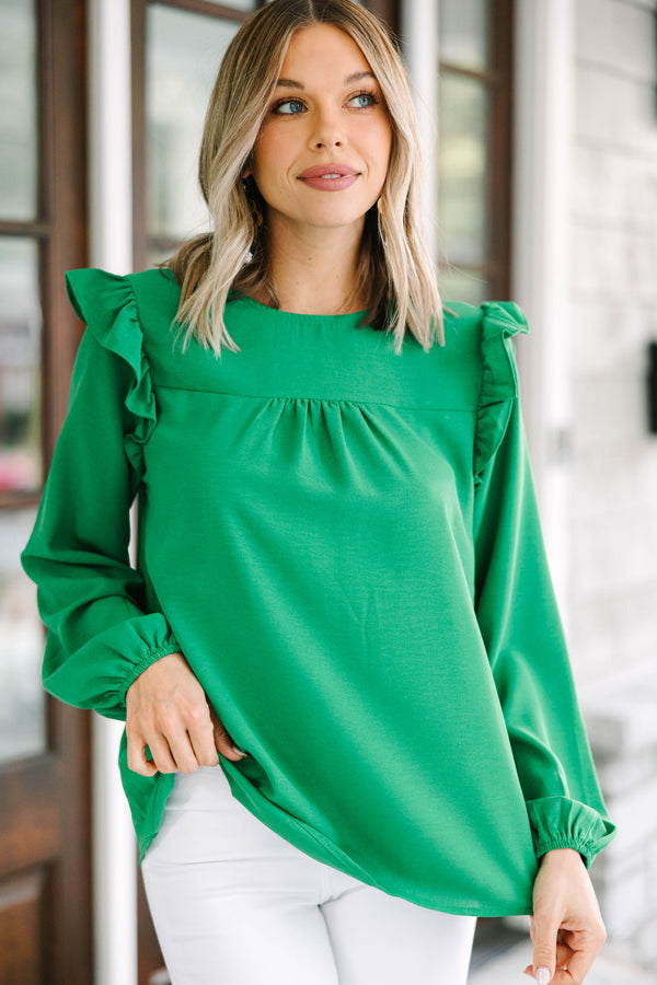 Feeling Important Kelly Green Ruffled Blouse, Large - The Mint Julep Boutique | Women's Boutique Clothing