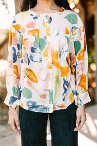 Take Care Natural White Abstract Blouse