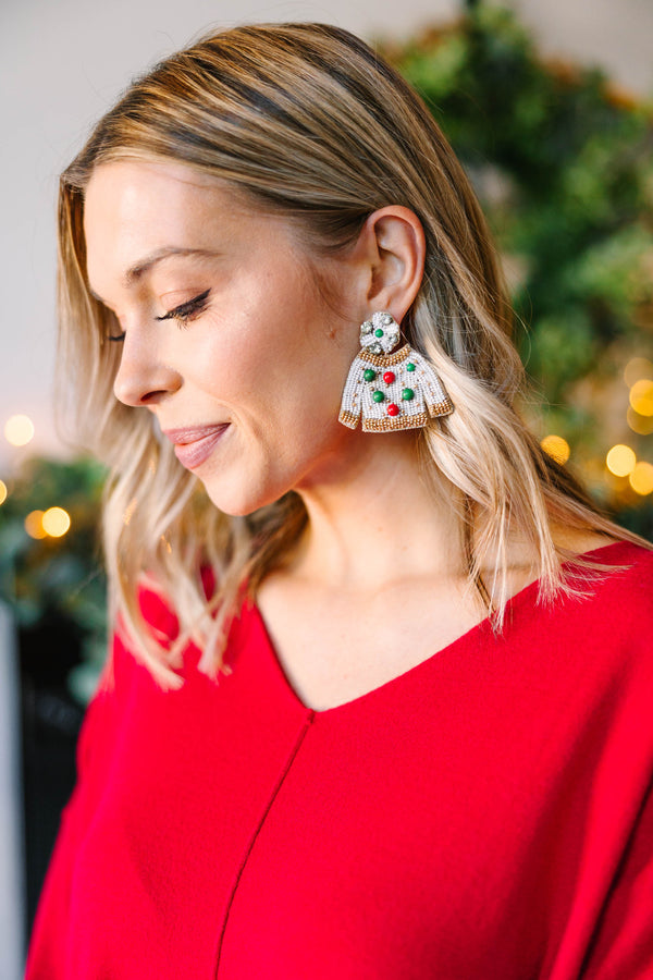 Holiday Sweater White Beaded Earrings