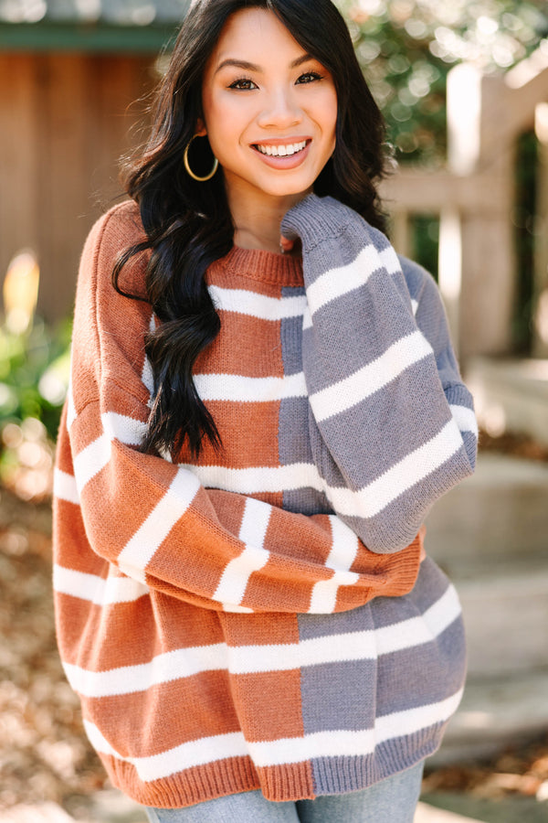 Spend The Day Brick-Charcoal Striped Sweater